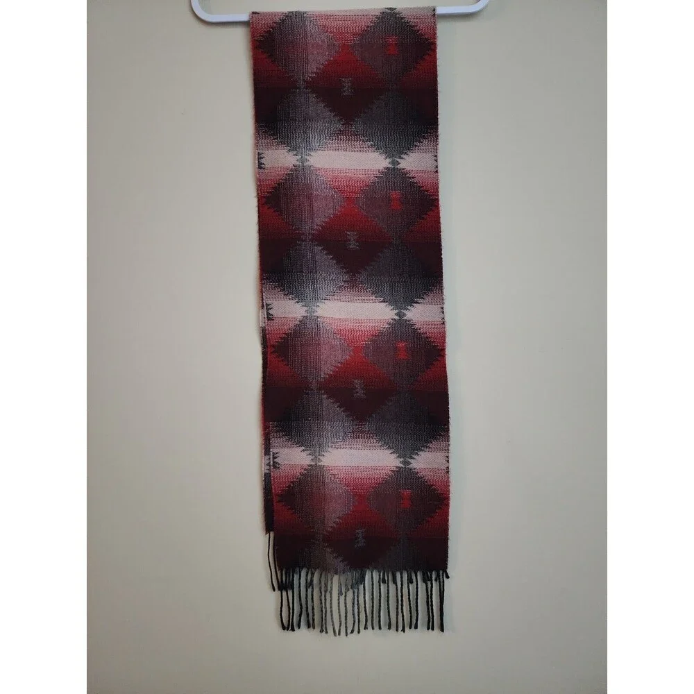 Cejon Scarf Made in Italy Tribal Geometric Pattern Grey Red Fringe 10.5